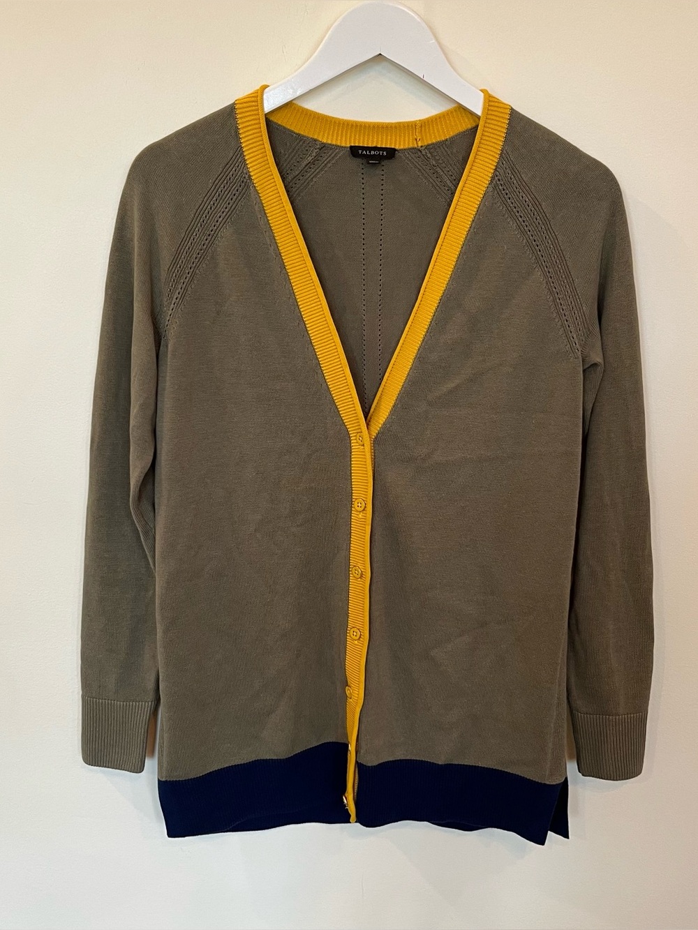 Talbots Womens Sweater Olive Green Yellow Girlfriend Cardigan V-Neck XS